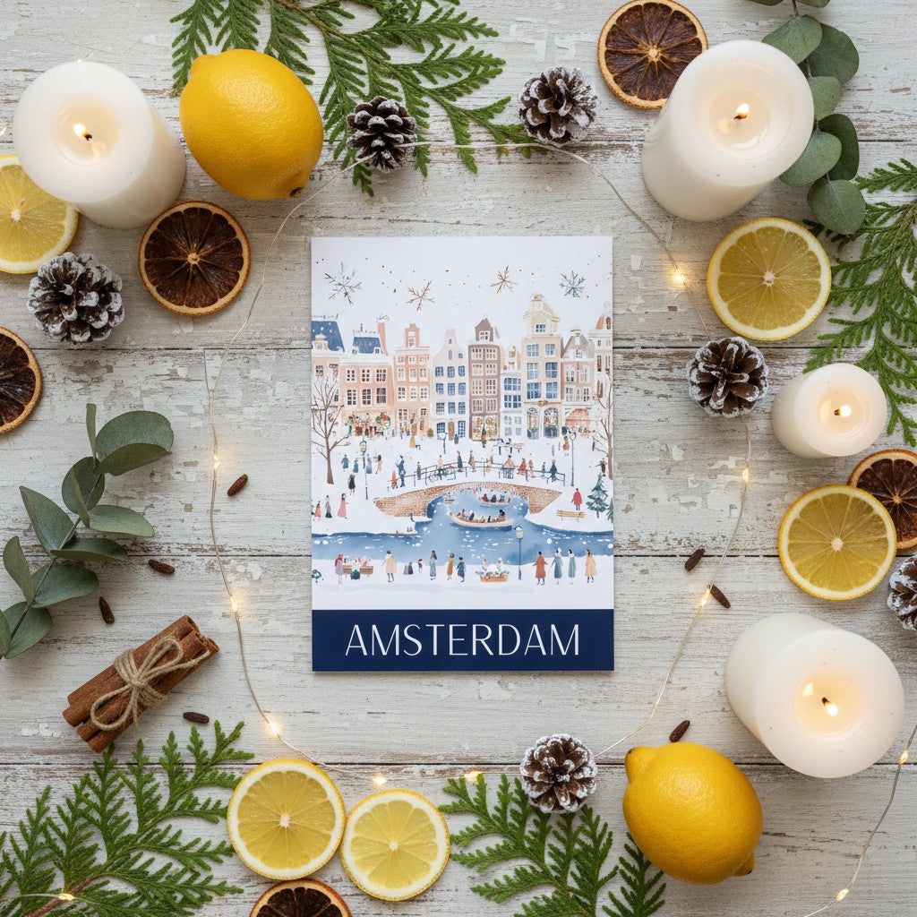 Christmas card titled 'Amsterdam' surrounded by candles, lemons, and greenery on a wooden surface.