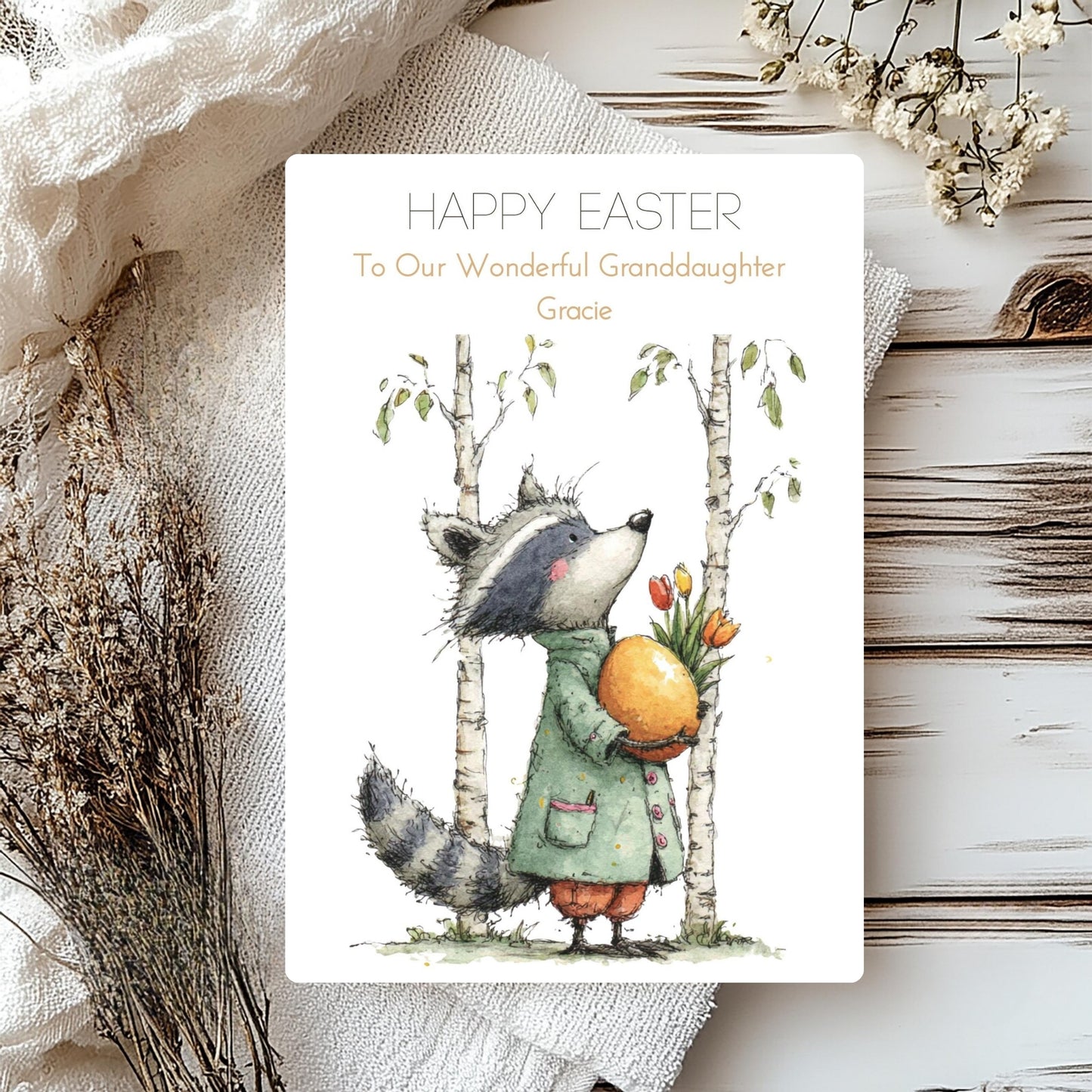 Personalised Cute Raccoon Easter Card - Special Wishes