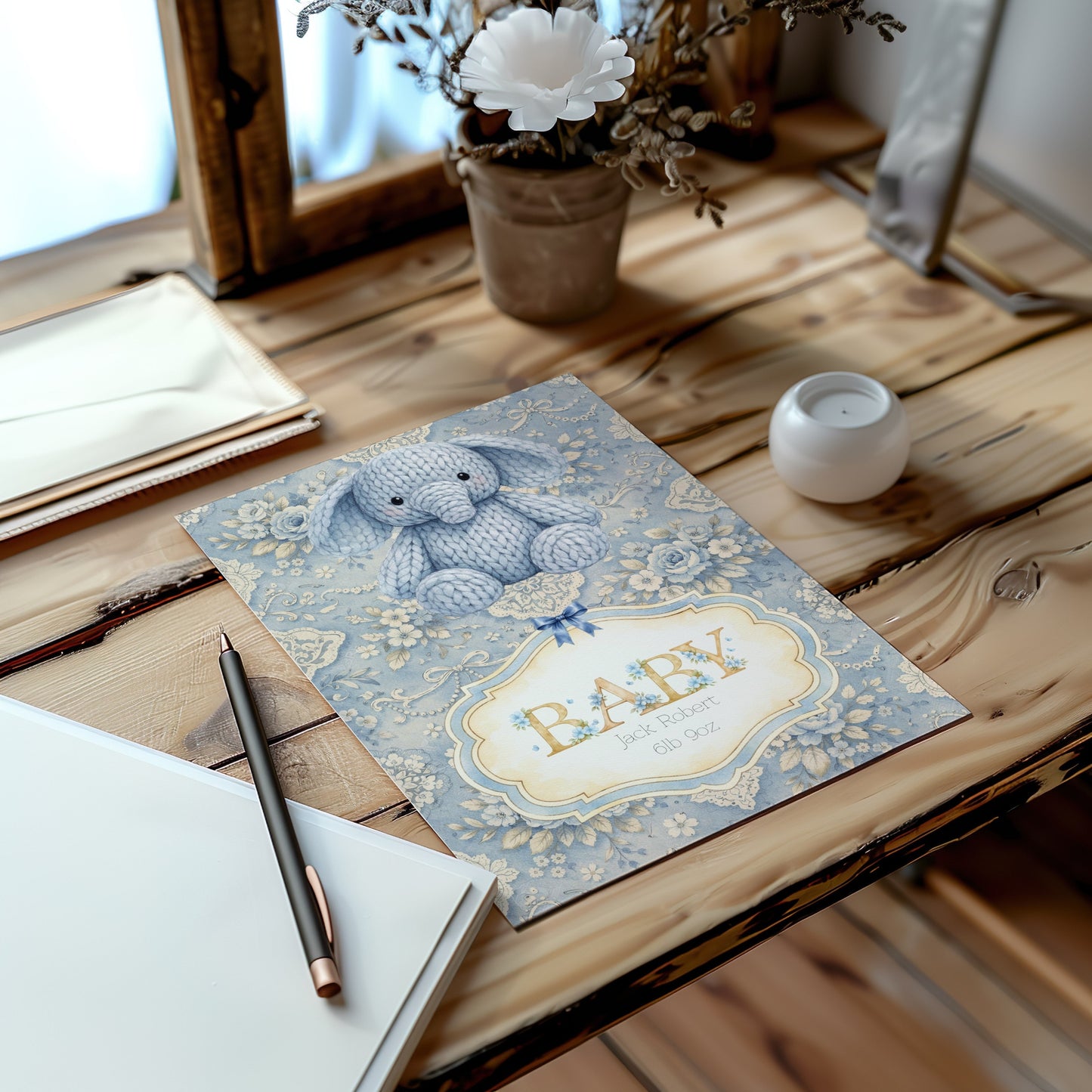 Personalised Baby Boy Art Print with Elephant