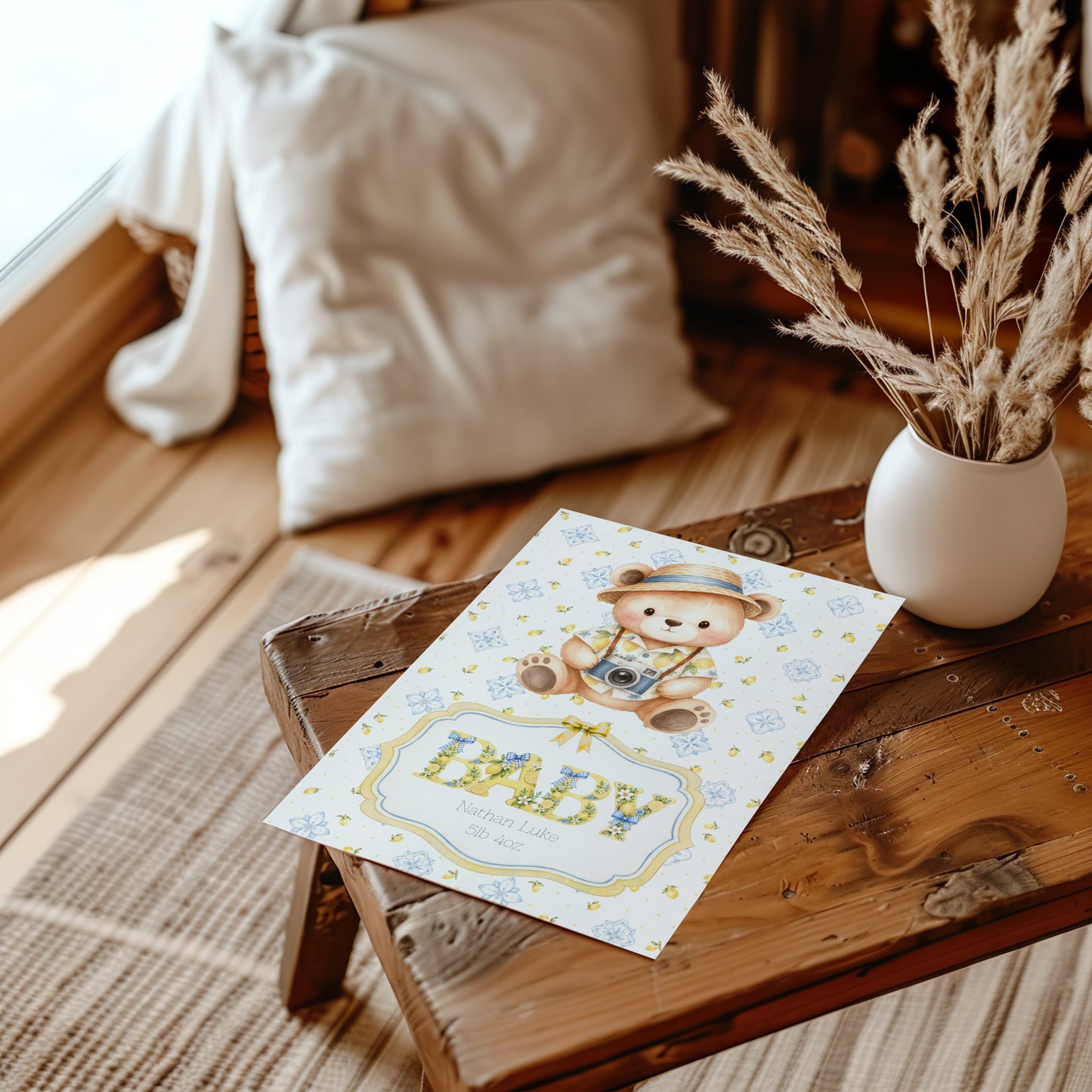 Personalised Newborn Baby Greeting Card with Italian Bear A5