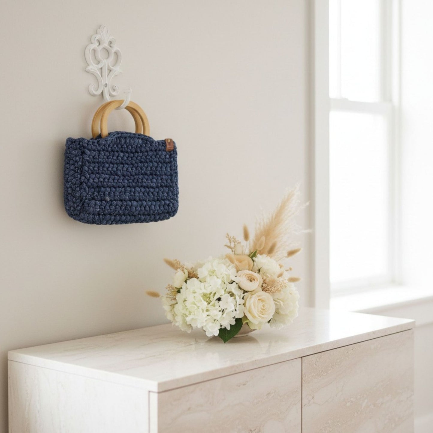 Handmade Blue Crochet Bag with Wooden Handle – Unique Handbag