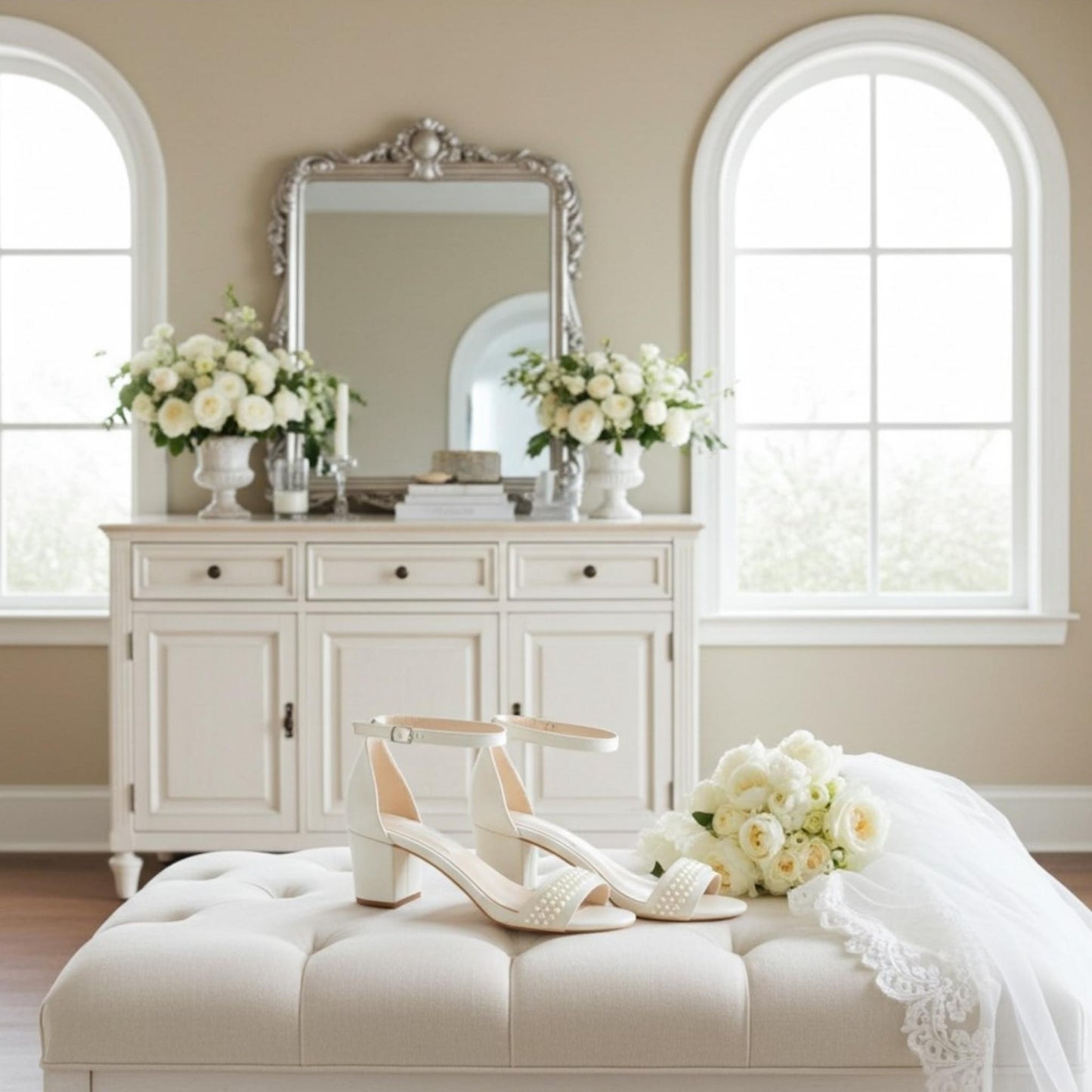 Eden Pearl Low Block Heel Bridal Shoes - Elegant Comfort for Your Big Day