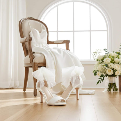 Esme Open Toe High Heel Bridal Shoes - Organza Straps
