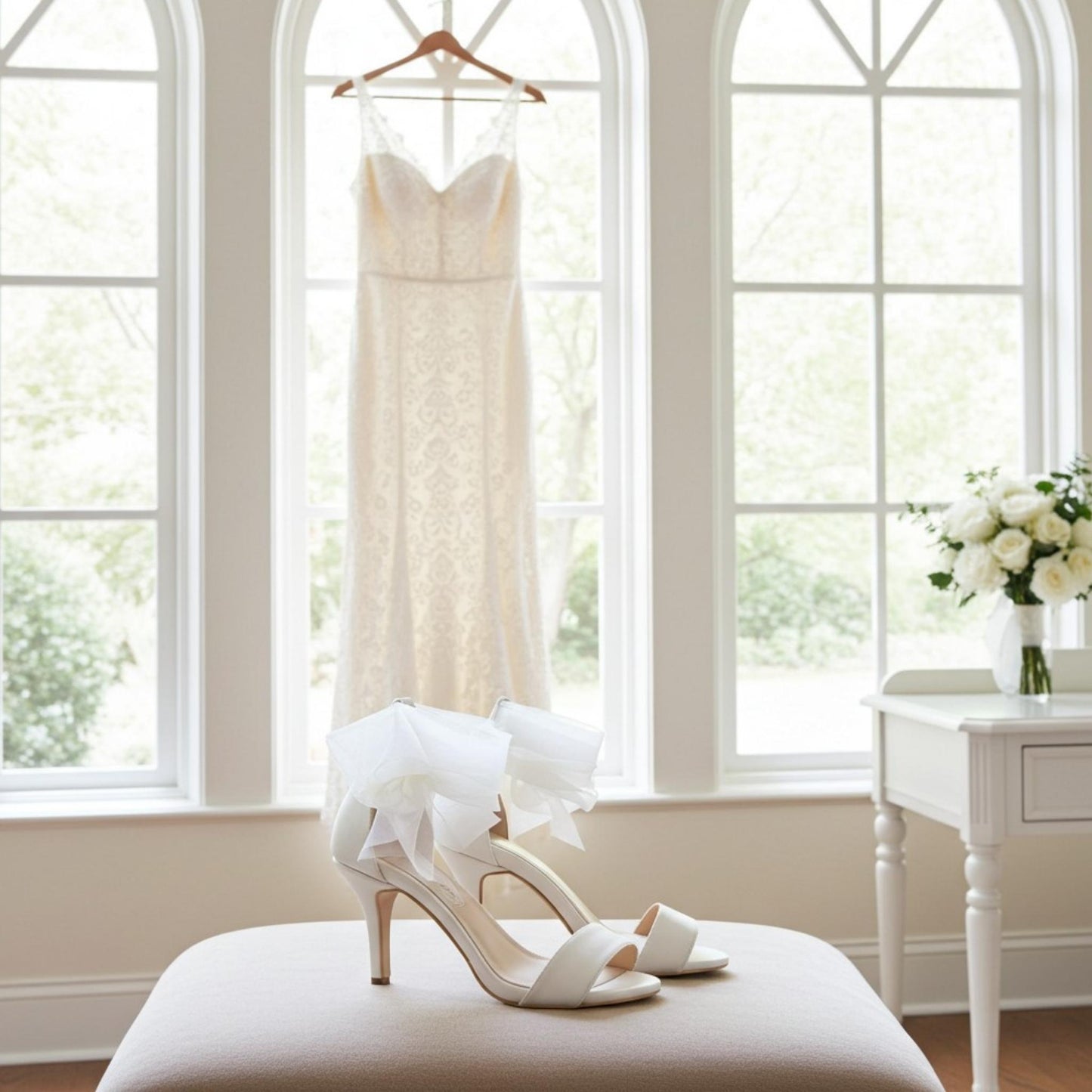 Esme Open Toe High Heel Bridal Shoes - Organza Straps
