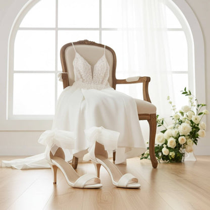 Esme Open Toe High Heel Bridal Shoes - Organza Straps