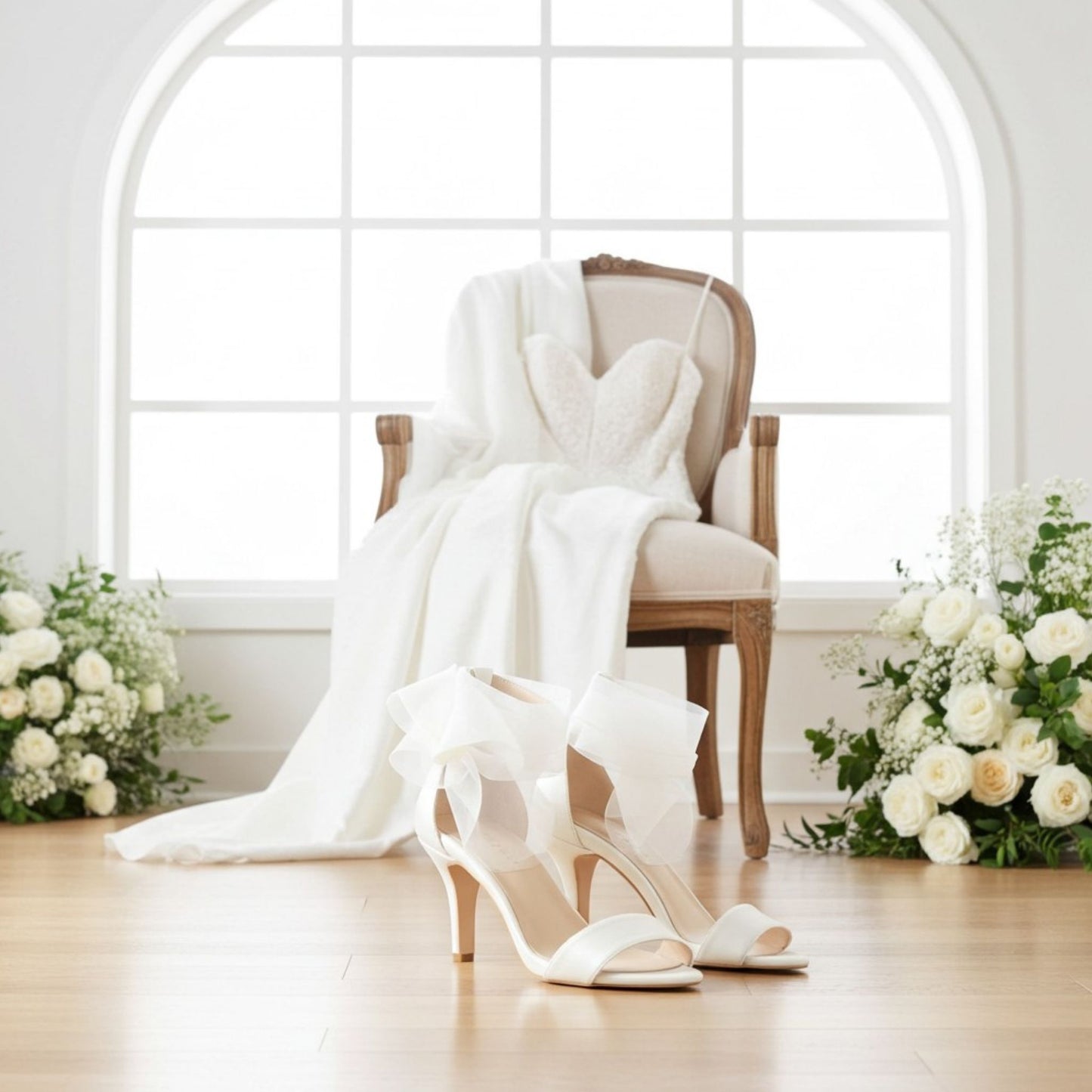 Esme Open Toe High Heel Bridal Shoes - Organza Straps