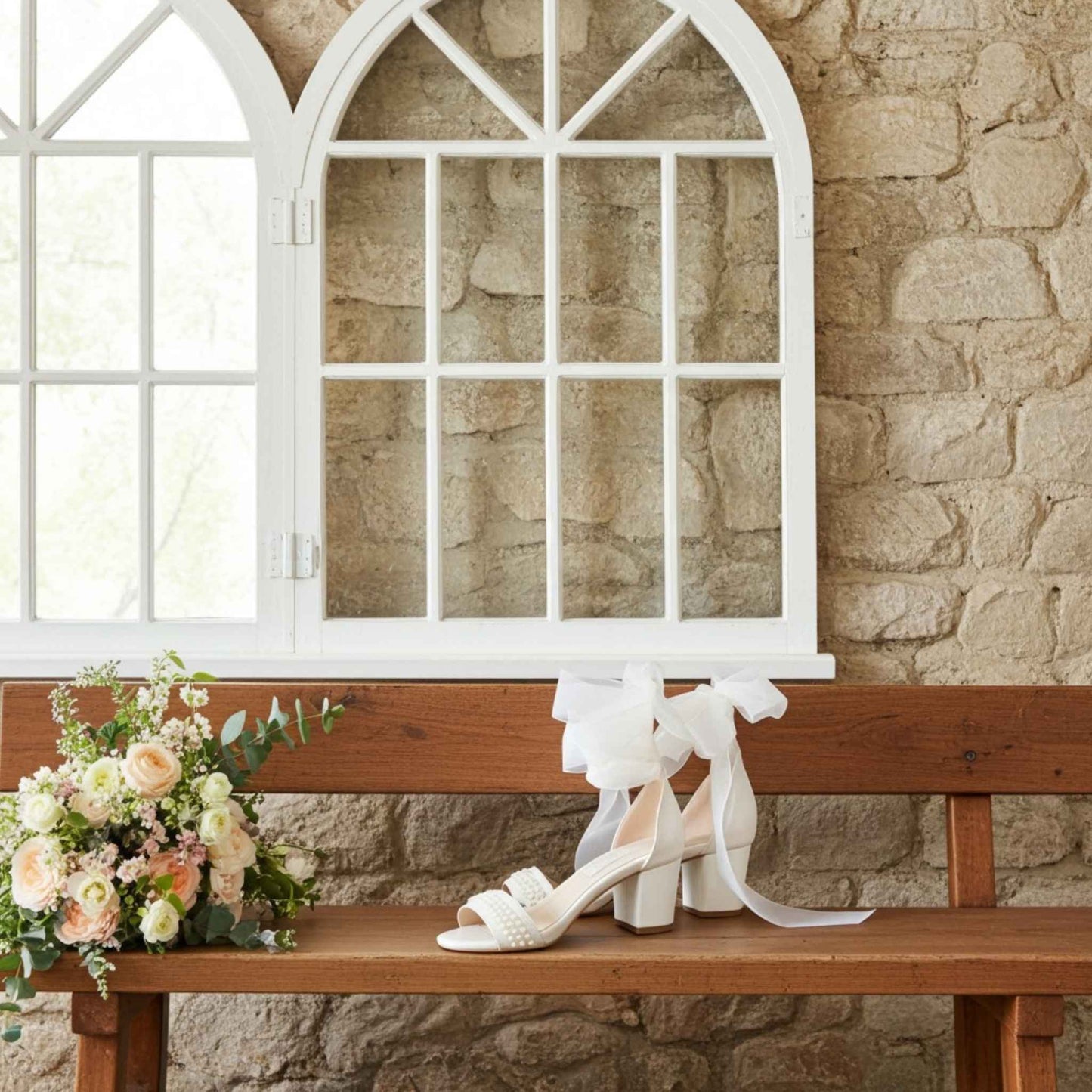 Harper Pearl Low Heel Block Bridal Shoes - Organza Straps