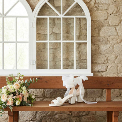 Harper Pearl Low Heel Block Bridal Shoes - Organza Straps