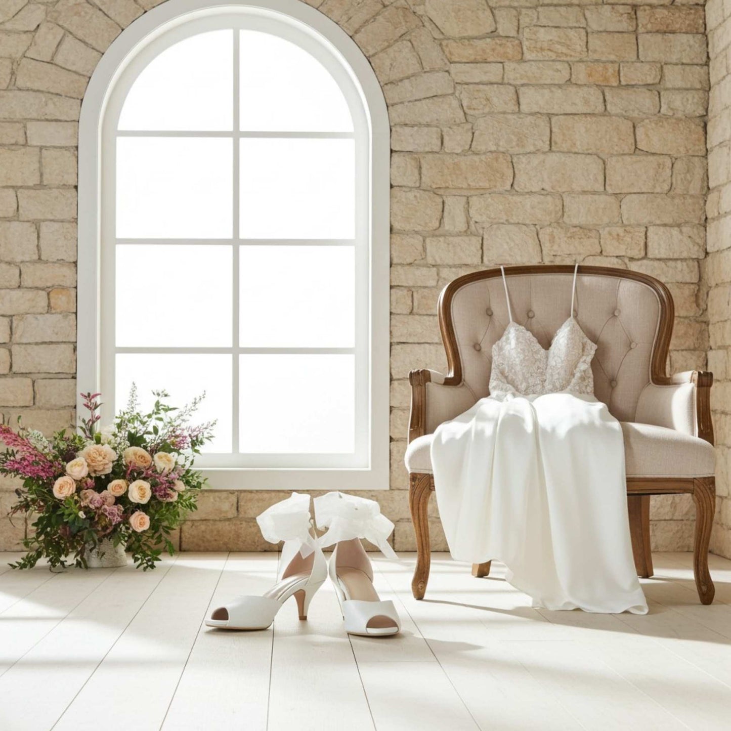 Neve Peep Toe Kitten Heel Bridal Shoes - Organza Strap