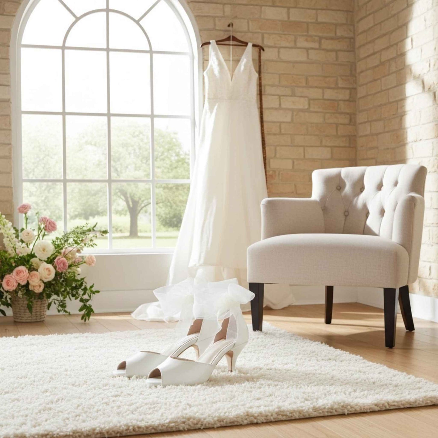 Neve Peep Toe Kitten Heel Bridal Shoes - Organza Strap