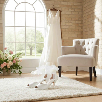 Neve Peep Toe Kitten Heel Bridal Shoes - Organza Strap