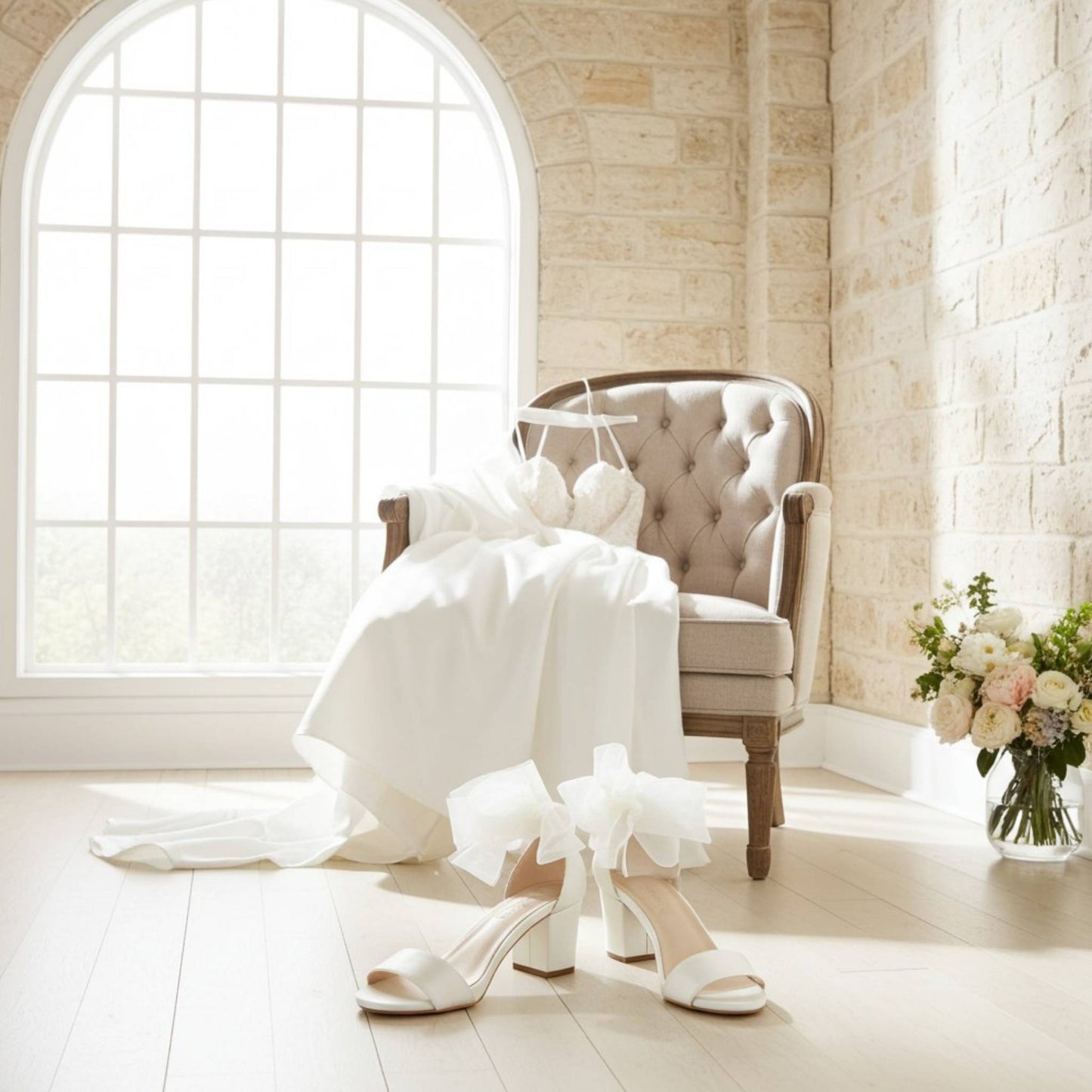 Olive Low Block Heel Bridal Shoes - Stylish Organza Strap
