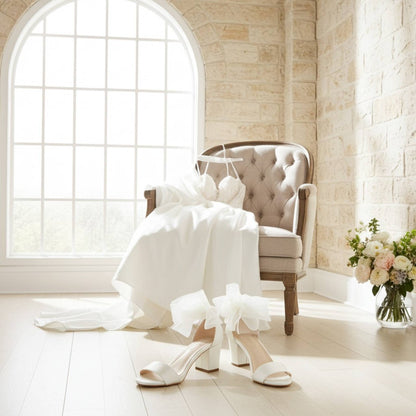 Olive Low Block Heel Bridal Shoes - Stylish Organza Strap