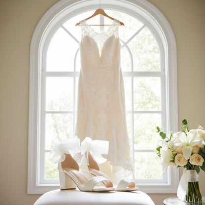 Olive Low Block Heel Bridal Shoes - Stylish Organza Strap