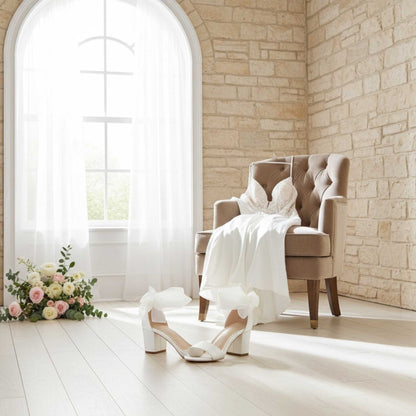 Olive Low Block Heel Bridal Shoes - Stylish Organza Strap
