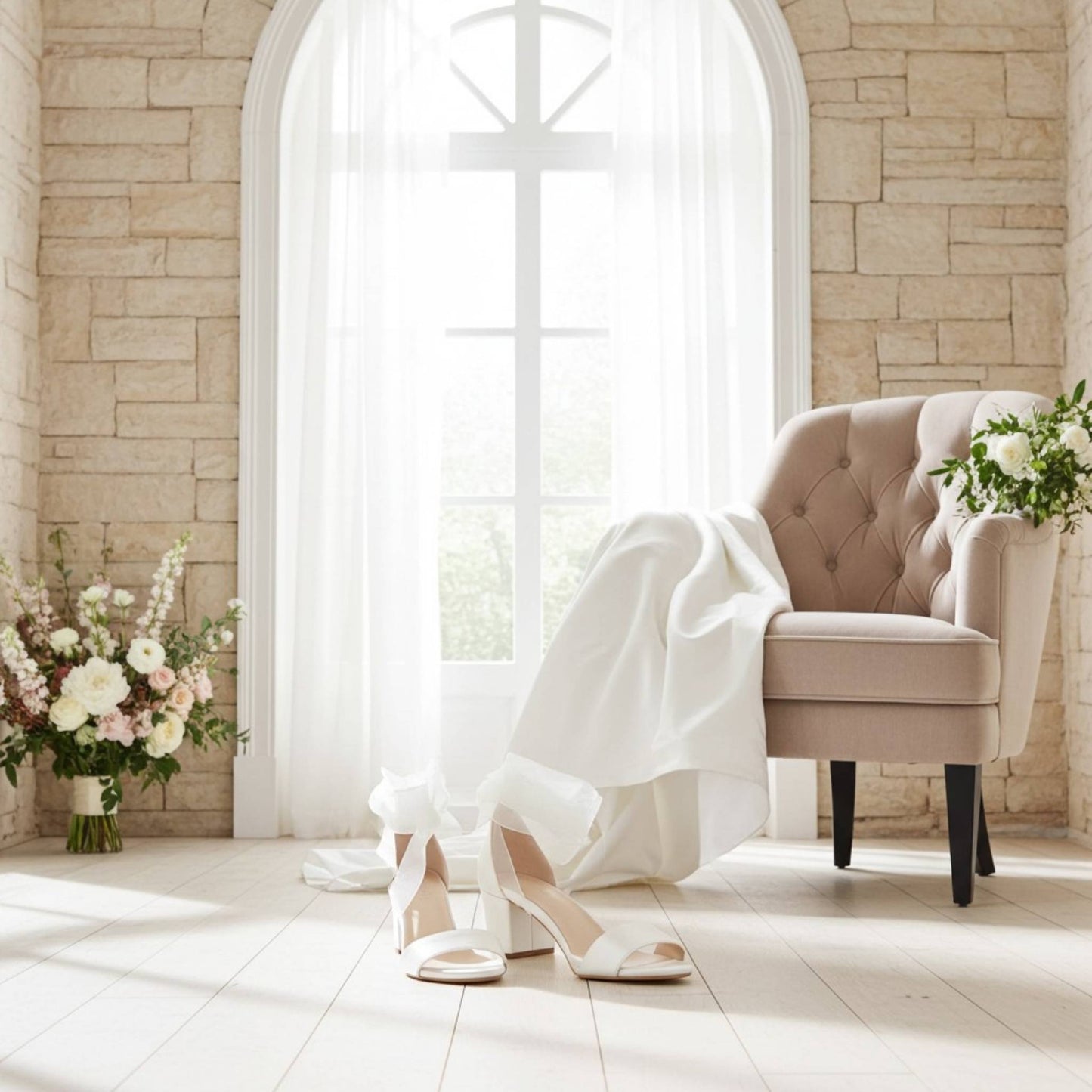Olive Low Block Heel Bridal Shoes - Stylish Organza Strap
