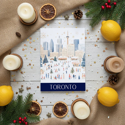 Card with a cityscape design featuring 'Toronto' surrounded by candles, lemons, and Christmas decorations on a wooden surface.
