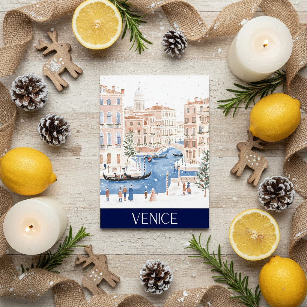 Christmas card with Venice illustration surrounded by decorative items like lemons, candles, and pine cones on a wooden surface.