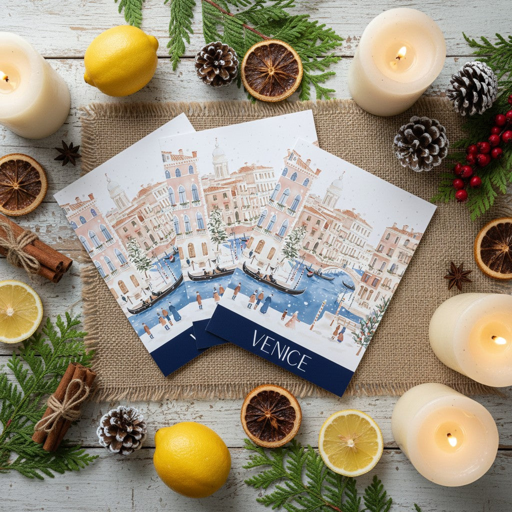 Venice-themed Christmas card with candles and decorative items on a wooden surface