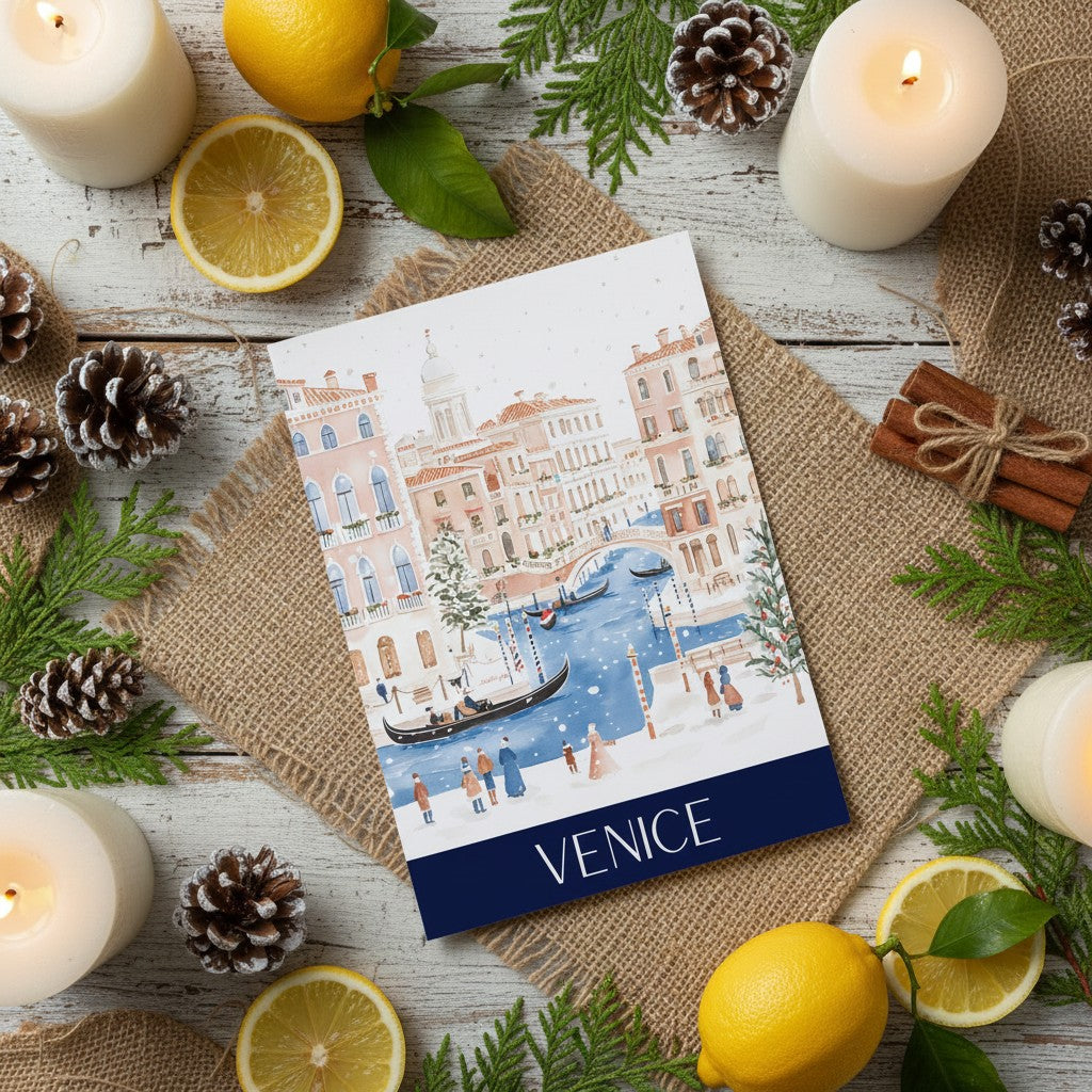 Venice-themed festive card on a decorative table with candles, lemons, and pinecones.