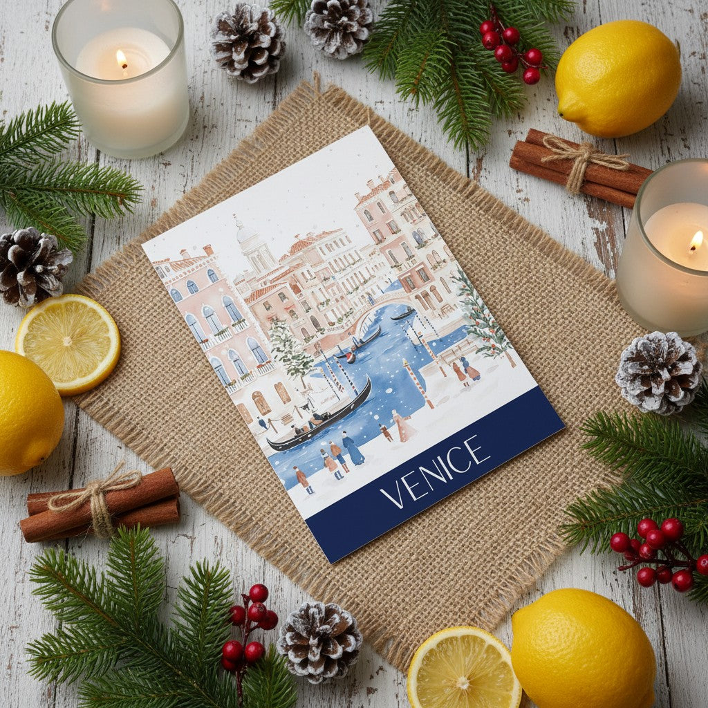 Venice-themed Christmas card on a rustic surface with candles, lemons, and pine cones.