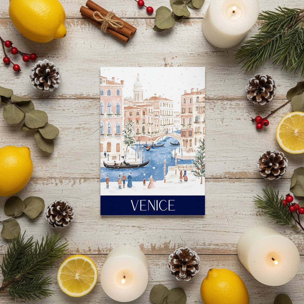 Venice Christmas card surrounded by decorative items like lemons, candles, and pine cones on a wooden surface.