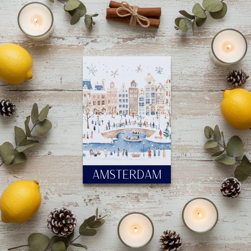 Greeting card with Amsterdam illustration surrounded by candles, lemons, and eucalyptus leaves on a wooden surface.