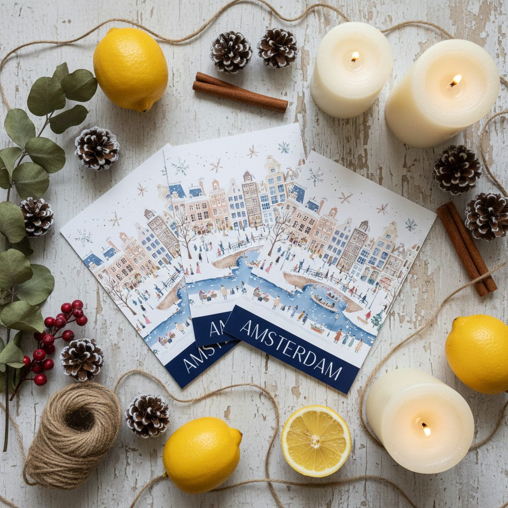 Amsterdam-themed greeting cards with lemons, candles, and pinecones on a wooden surface