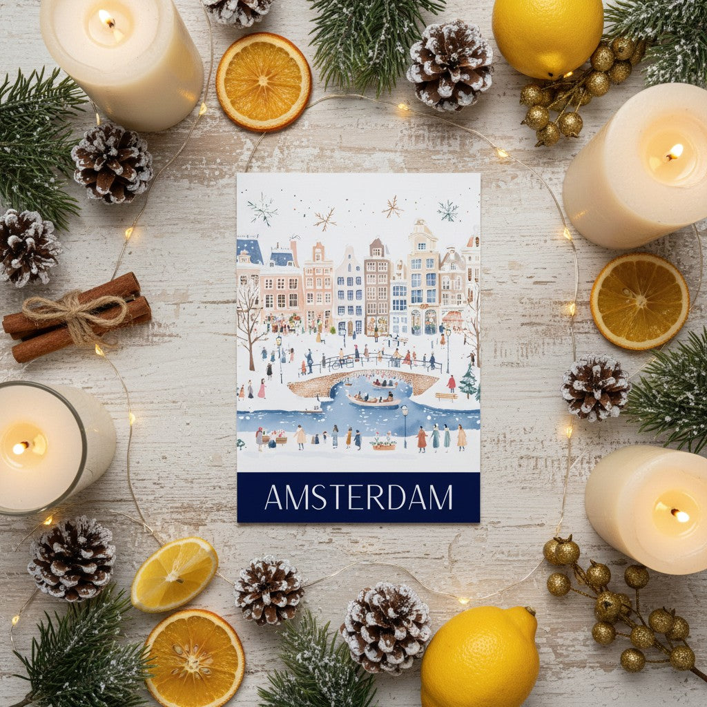 Card with Christmas Amsterdam illustration surrounded by candles, pine cones, and oranges on a wooden surface.