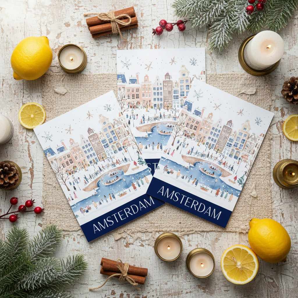 Amsterdam-themed Christmas greeting cards on a decorative surface with candles and lemons.