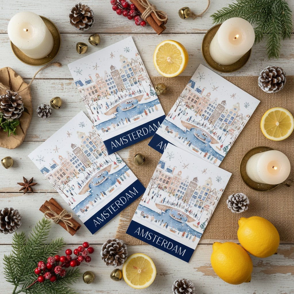Amsterdam-themed postcards on a wooden surface with candles, lemons, and pinecones.