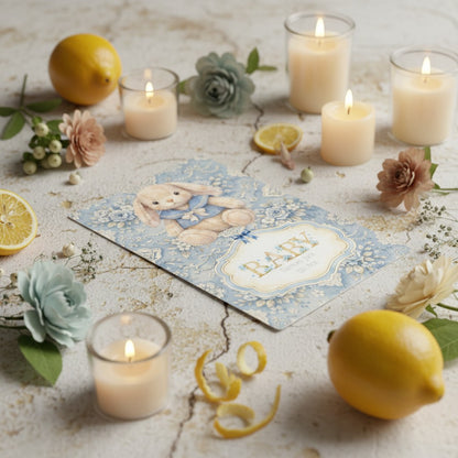 Angle view of bunny baby card with lemons and candles on a rustic surface