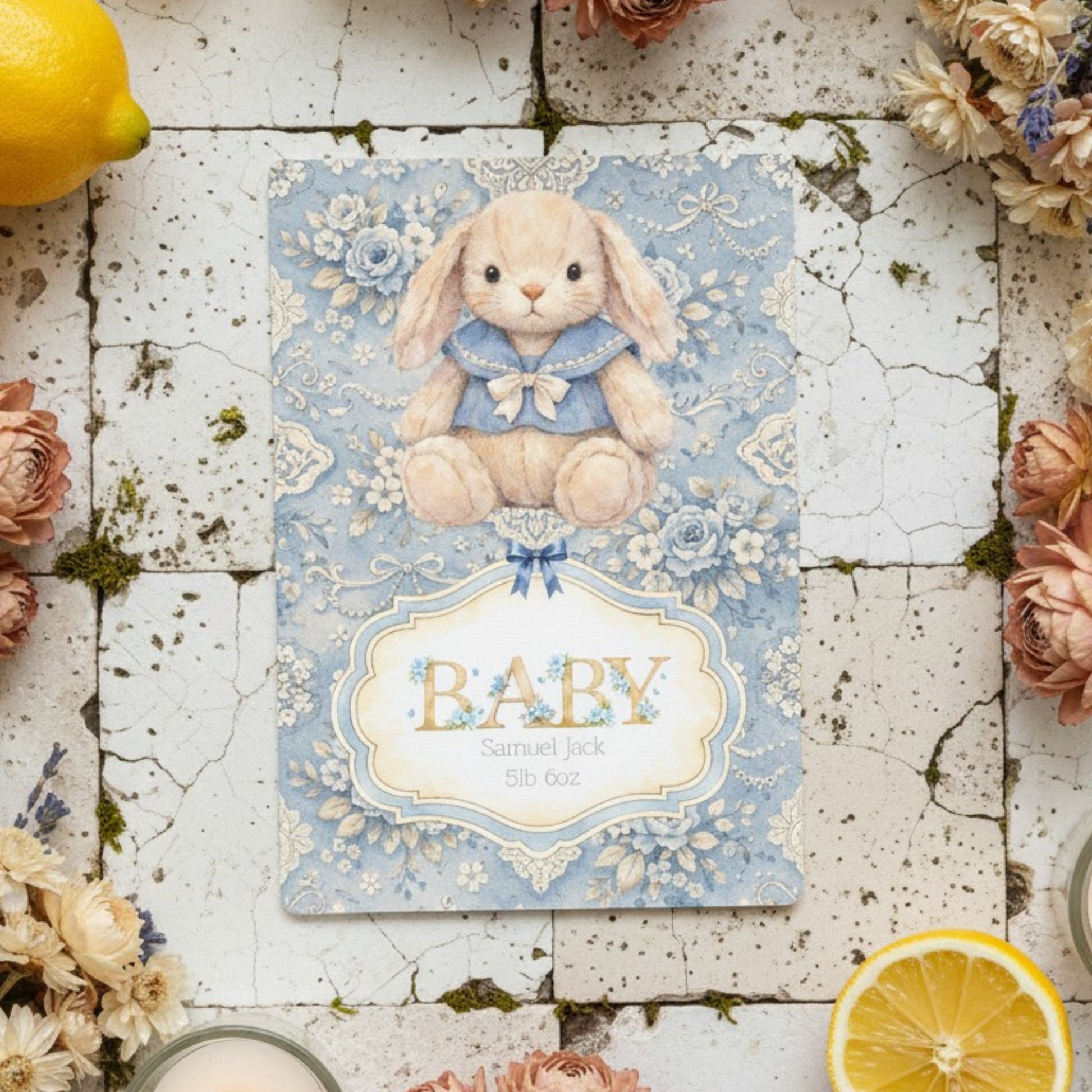 Newborn baby card with a bunny rabbit and floral design on a rustic wooden surface with flowers and lemons.