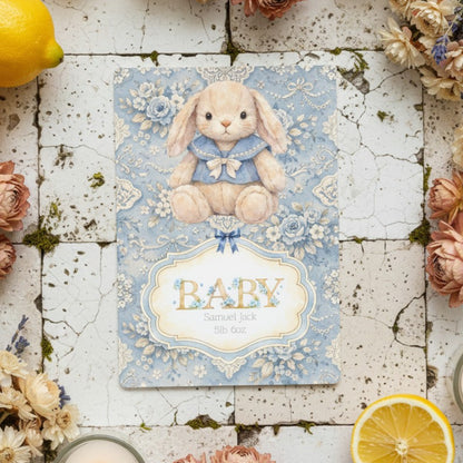 Newborn baby card with a bunny rabbit and floral design on a rustic wooden surface with flowers and lemons.