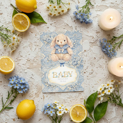Baby boy newborn card with rabbit illustration surrounded by lemons and flowers on a textured surface