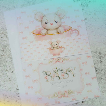 Personalised New Baby Greeting Card Mouse in Teacup A5