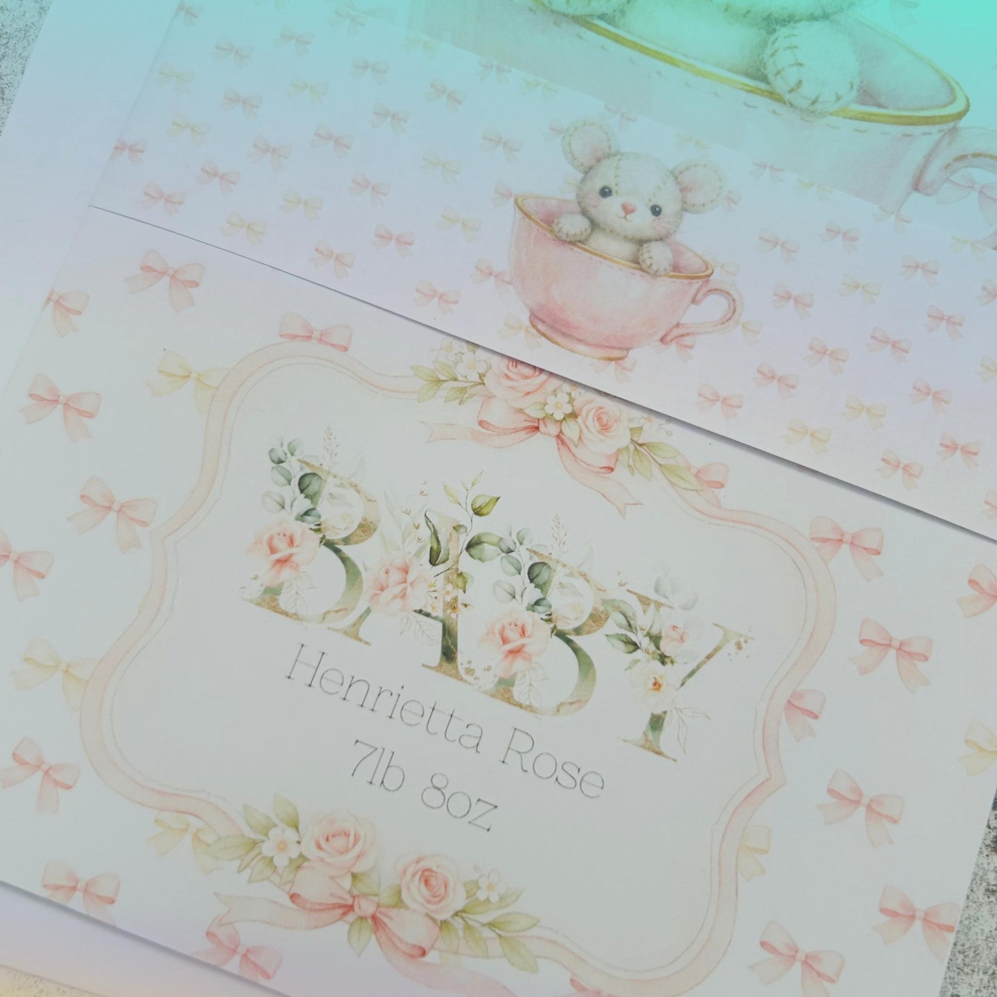 Personalised New Baby Greeting Card Mouse in Teacup A5