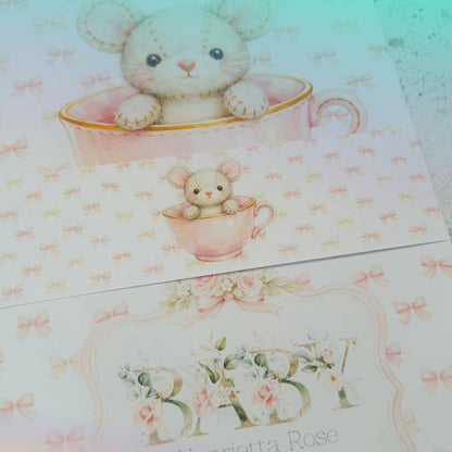 Personalised New Baby Greeting Card Mouse in Teacup A5