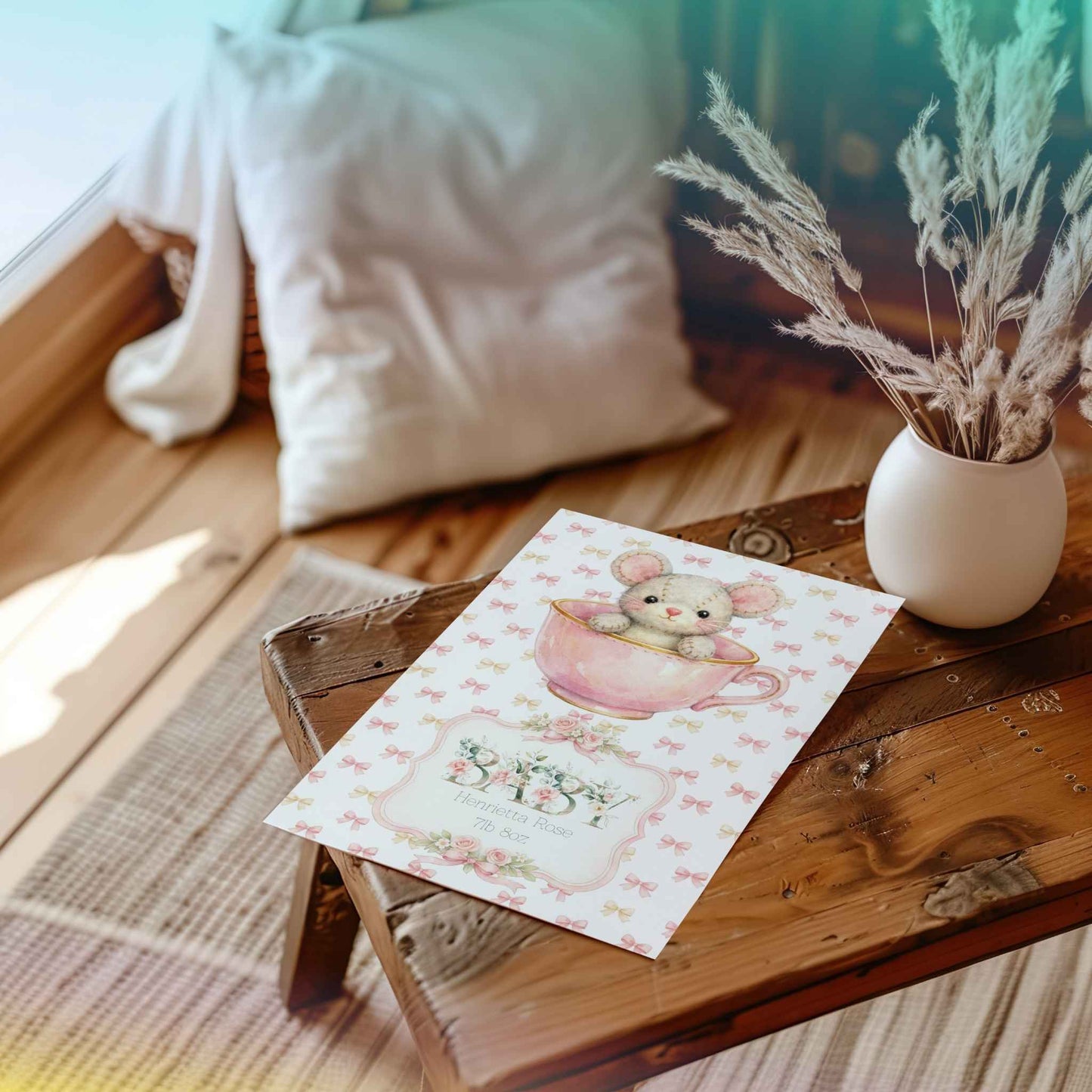 Personalised New Baby Greeting Card Mouse in Teacup A5
