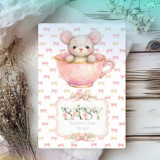 Personalised New Baby Greeting Card Mouse in Teacup A5