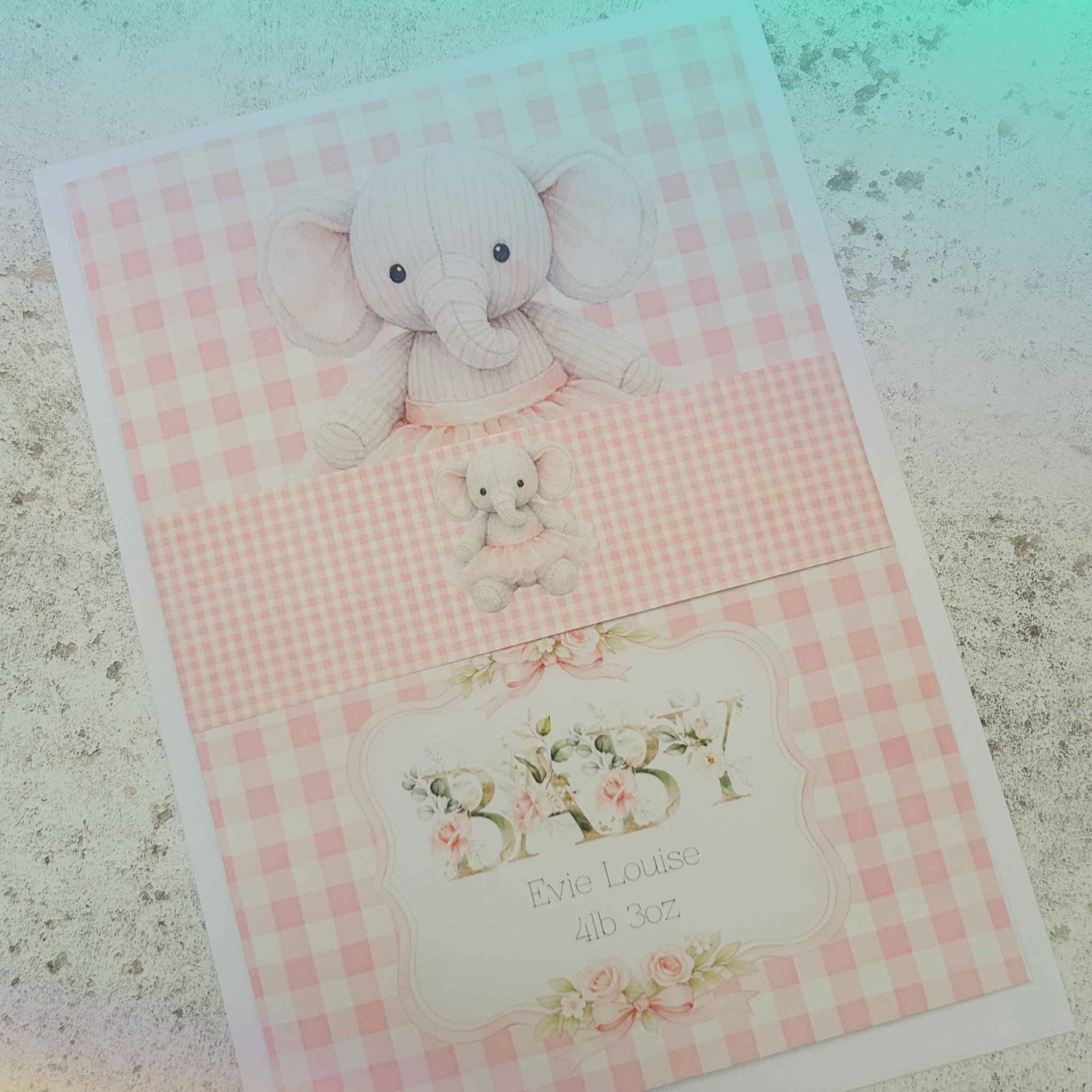 Personalised Baby Girl Birth Greeting Card Elephant A5
