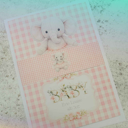 Personalised Baby Girl Birth Greeting Card Elephant A5