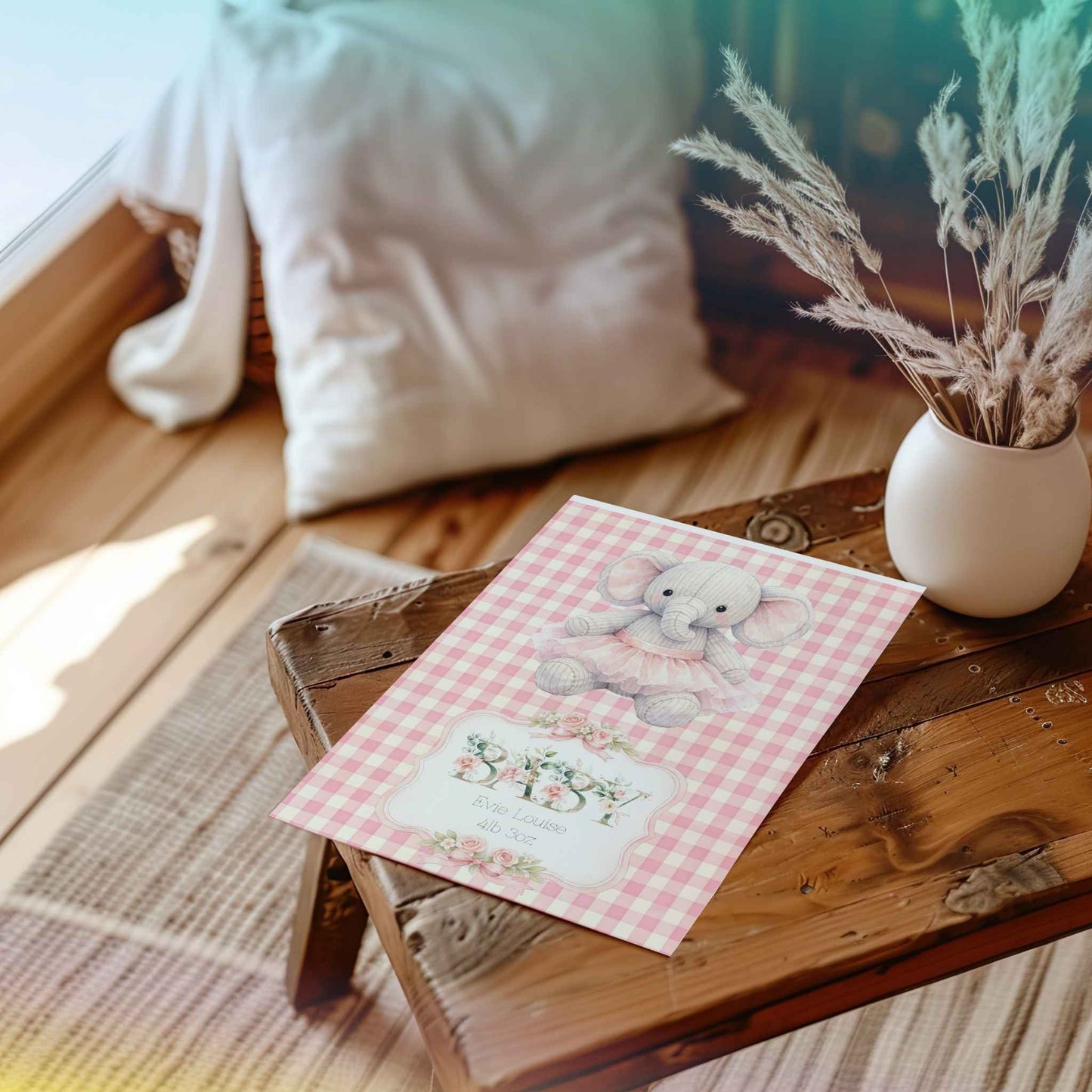 Personalised Baby Girl Art Print with Elephant