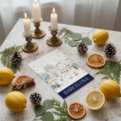 Decorative table setting with candles, lemons, and a Barcelona-themed card.