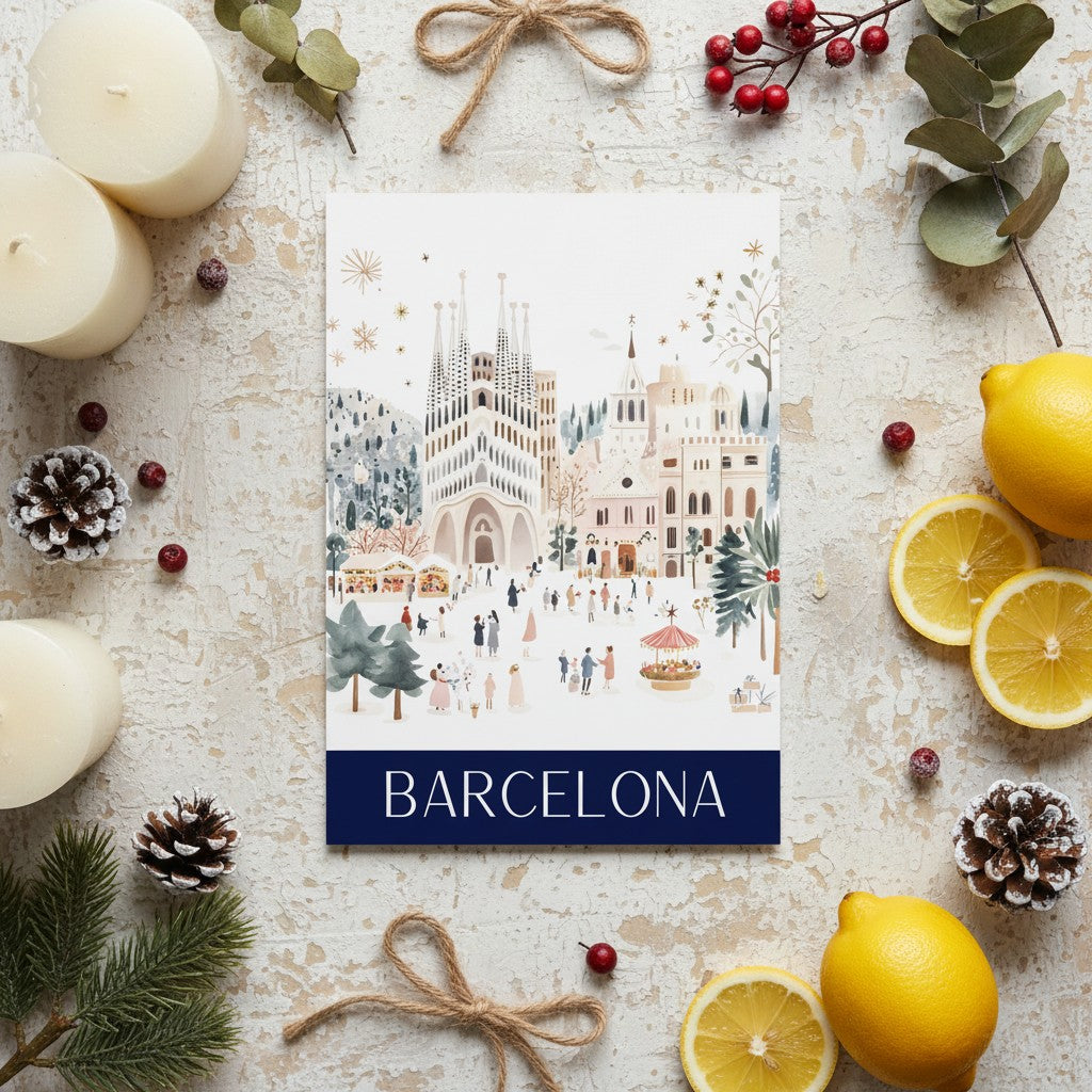 Barcelona-themed card with cityscape illustration surrounded by decorative items like lemons and pine cones on a light surface.