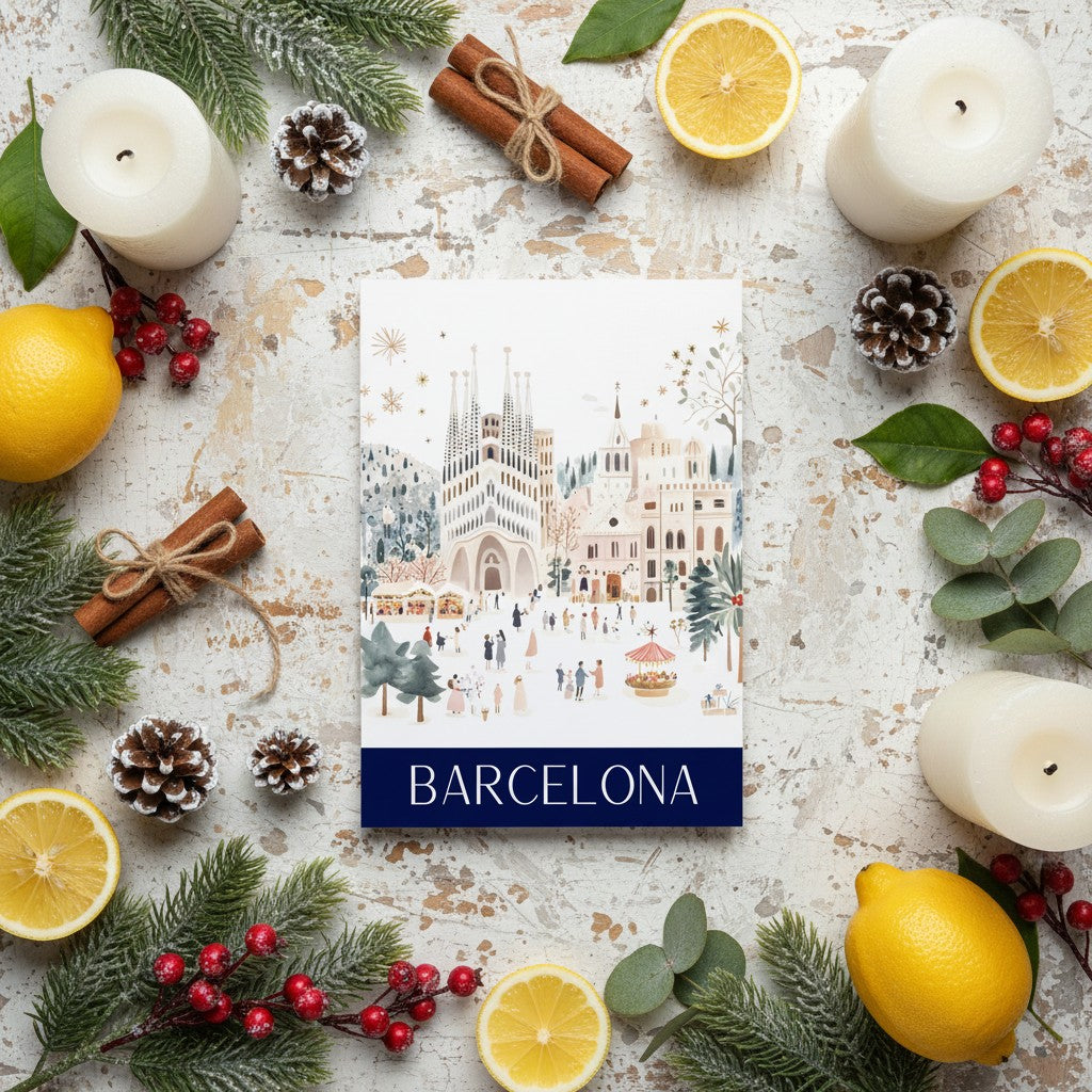 Barcelona-themed Christmas cards surrounded by Christmas decorations on a light surface.
