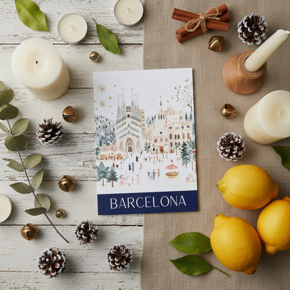 A5 Christmas card 'Barcelona' surrounded by candles, lemons, and decorative items on a wooden surface.