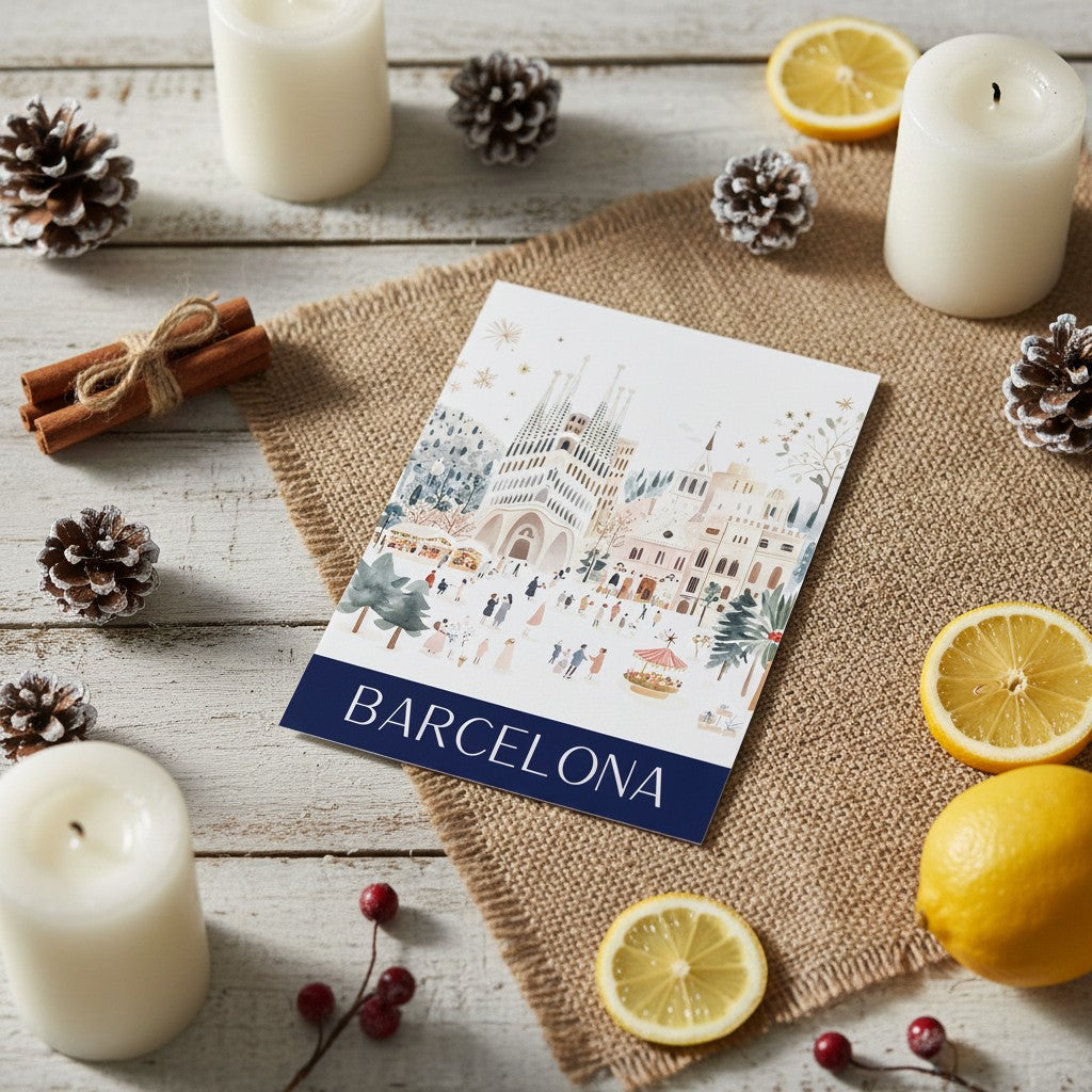 Barcelona-themed festive card on a wooden surface with candles and lemons
