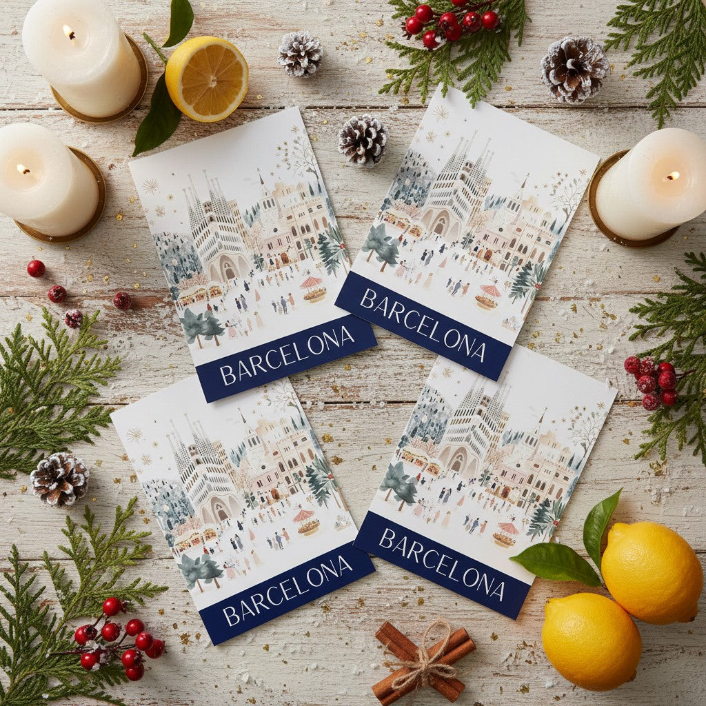 Barcelona-themed Christmas cards on a wooden surface with candles and decorations