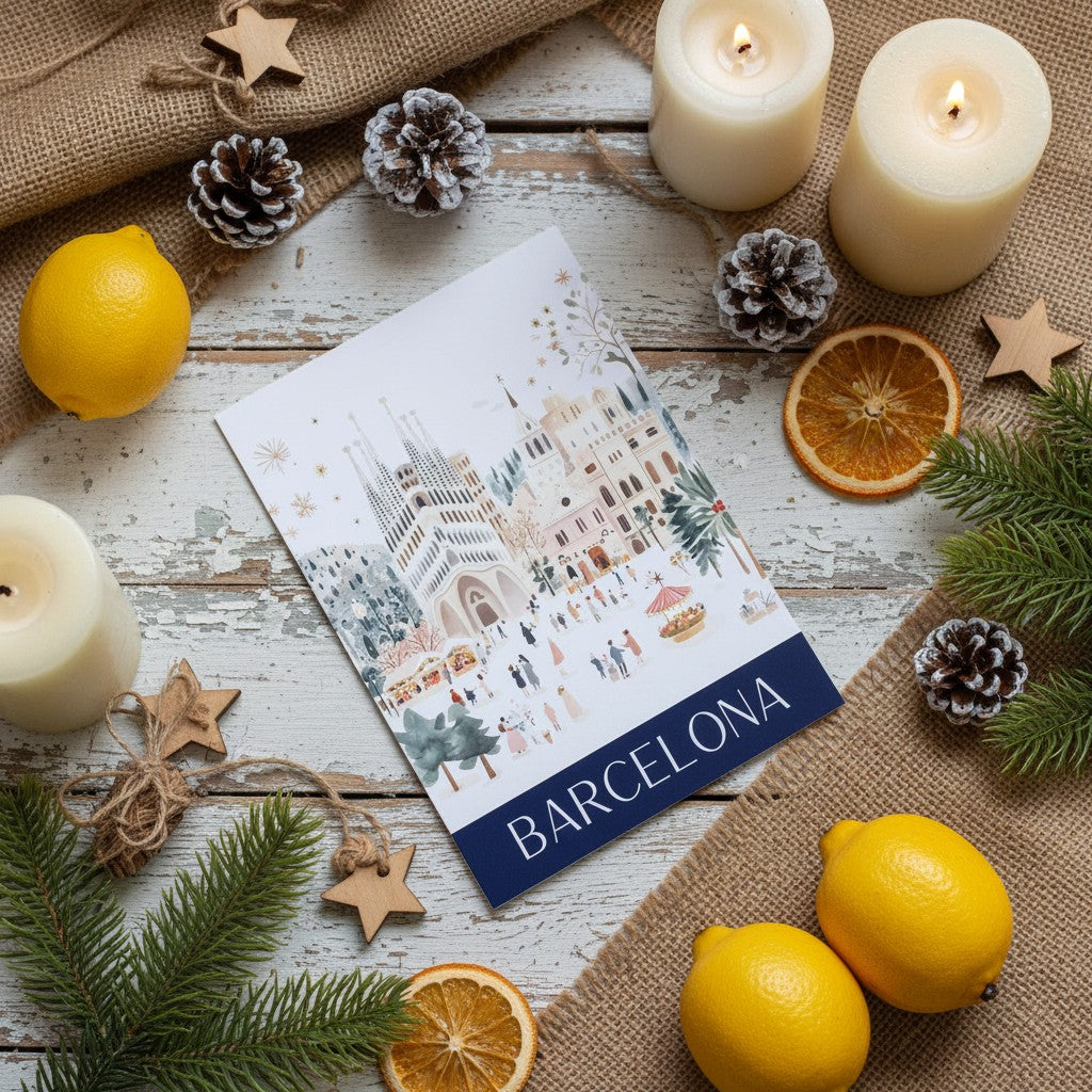 Barcelona-themed Christmas cards surrounded by candles, lemons, and Christmas decorations on a wooden surface.